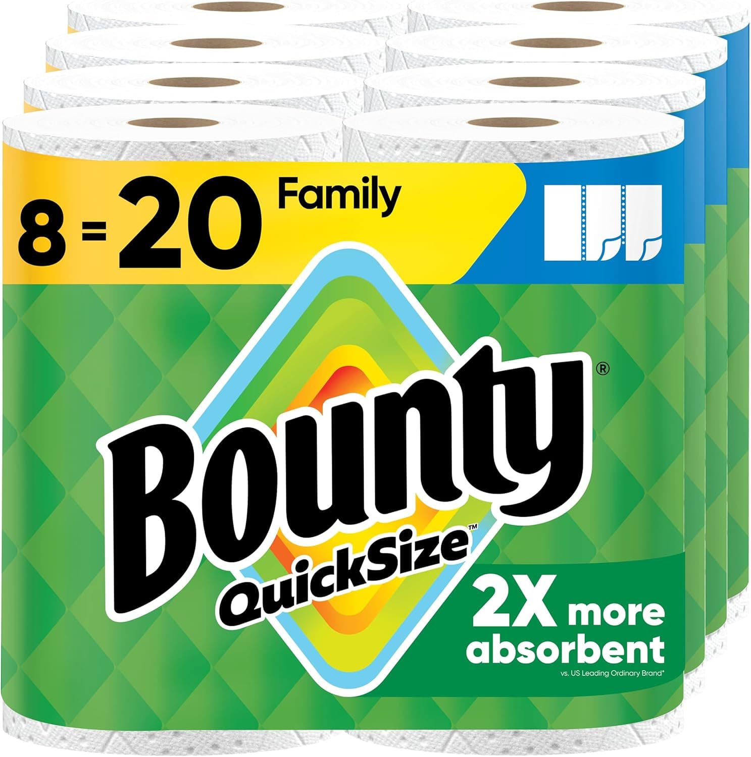 Bounty Toallas de papel de tamaño rápido, color blanco, 8 rollos familiares =